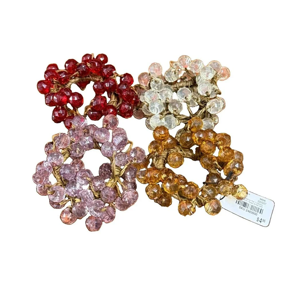 VTG Pier 1 Faceted Beaded Glass Napkin Rings Holders Multicolor Tableware Set 4